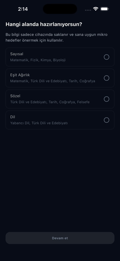 Alan ve ders seçimi ekranı