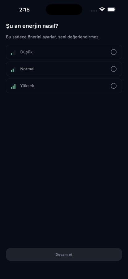 Enerji seçimi ekranı