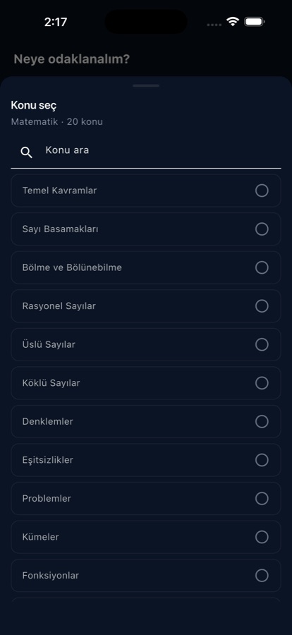 Konu ve süre seçimi ekranı